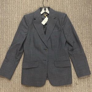 Two button blazer   Slate blue and black Glenn plaid with burgundy stripe.